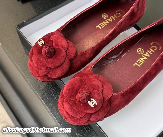 Purchase Chanel Suede Ballet Flats with Camellia Bloom Charm Red 1017091