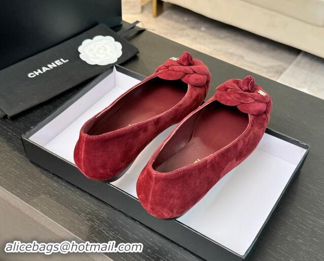 Purchase Chanel Suede Ballet Flats with Camellia Bloom Charm Red 1017091