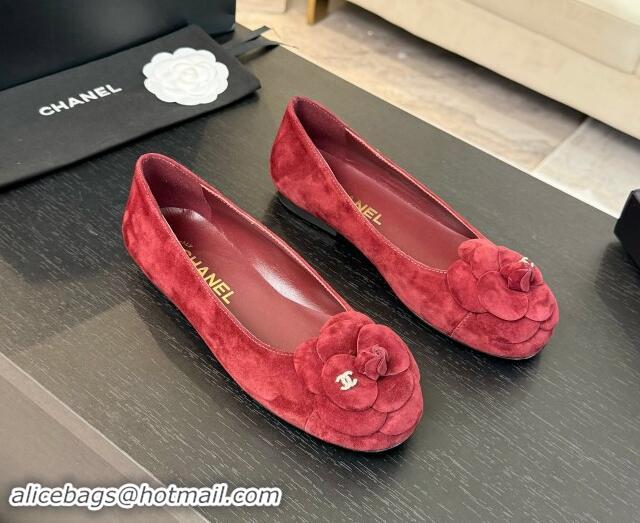 Purchase Chanel Suede Ballet Flats with Camellia Bloom Charm Red 1017091