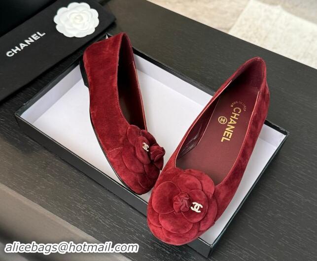 Purchase Chanel Suede Ballet Flats with Camellia Bloom Charm Red 1017091