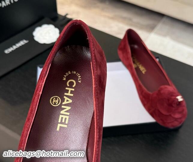 Purchase Chanel Suede Ballet Flats with Camellia Bloom Charm Red 1017091