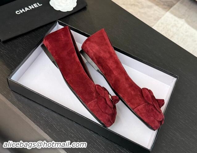 Purchase Chanel Suede Ballet Flats with Camellia Bloom Charm Red 1017091