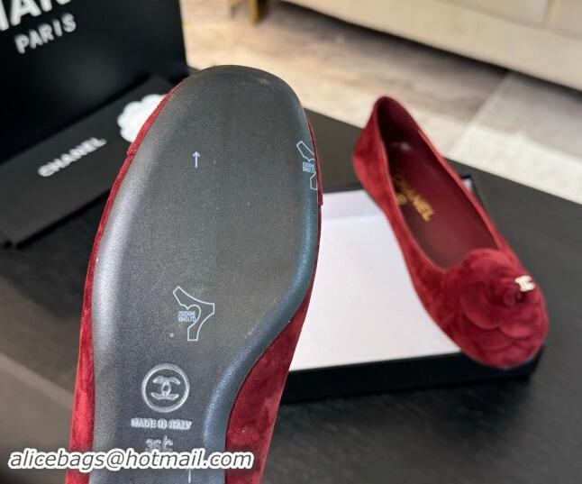 Purchase Chanel Suede Ballet Flats with Camellia Bloom Charm Red 1017091