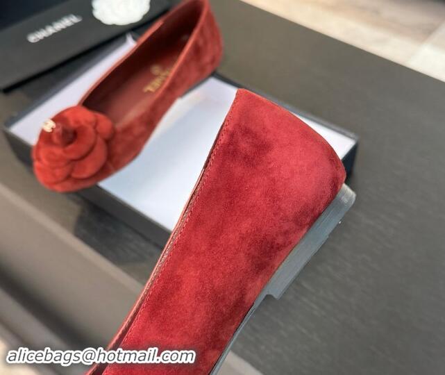 Purchase Chanel Suede Ballet Flats with Camellia Bloom Charm Red 1017091