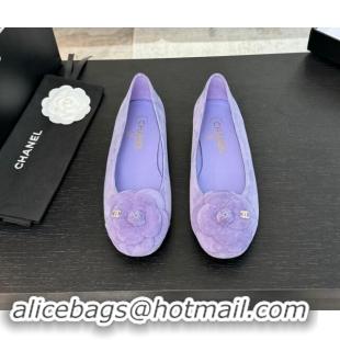 Good Quality Chanel Suede Ballet Flats with Camellia Bloom Charm Purple 017092