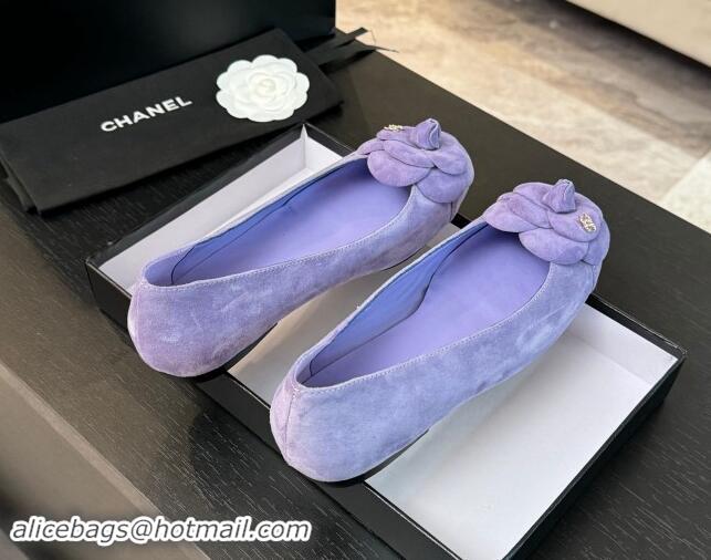 Good Quality Chanel Suede Ballet Flats with Camellia Bloom Charm Purple 017092