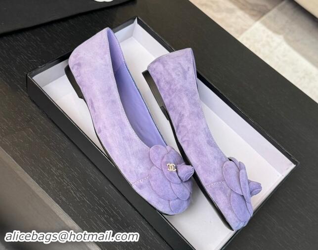 Good Quality Chanel Suede Ballet Flats with Camellia Bloom Charm Purple 017092