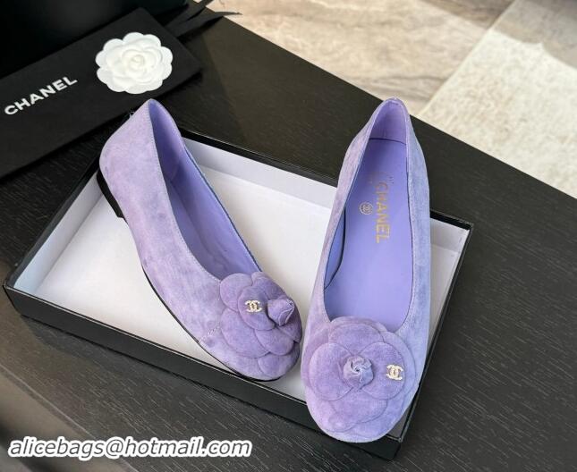 Good Quality Chanel Suede Ballet Flats with Camellia Bloom Charm Purple 017092