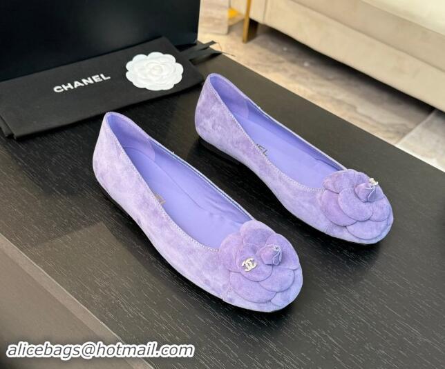 Good Quality Chanel Suede Ballet Flats with Camellia Bloom Charm Purple 017092