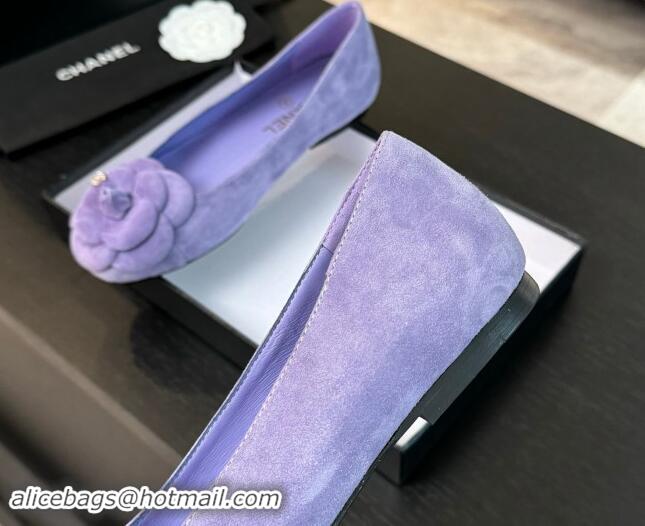 Good Quality Chanel Suede Ballet Flats with Camellia Bloom Charm Purple 017092