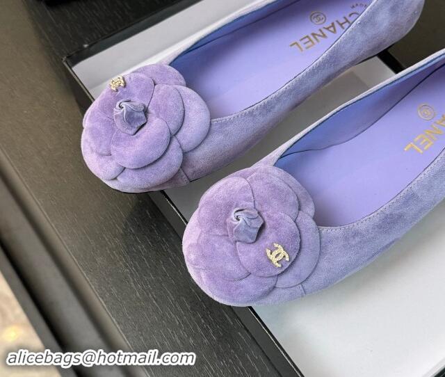 Good Quality Chanel Suede Ballet Flats with Camellia Bloom Charm Purple 017092