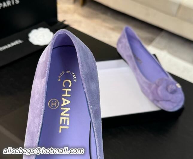 Good Quality Chanel Suede Ballet Flats with Camellia Bloom Charm Purple 017092