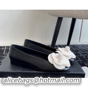 Top Design Chanel Calfskin & Patent Leather Ballet Flats with Camellia Bloom Black 1017093 