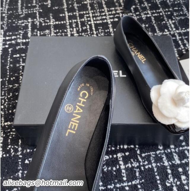 Top Design Chanel Calfskin & Patent Leather Ballet Flats with Camellia Bloom Black 1017093 