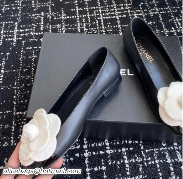 Top Design Chanel Calfskin & Patent Leather Ballet Flats with Camellia Bloom Black 1017093 