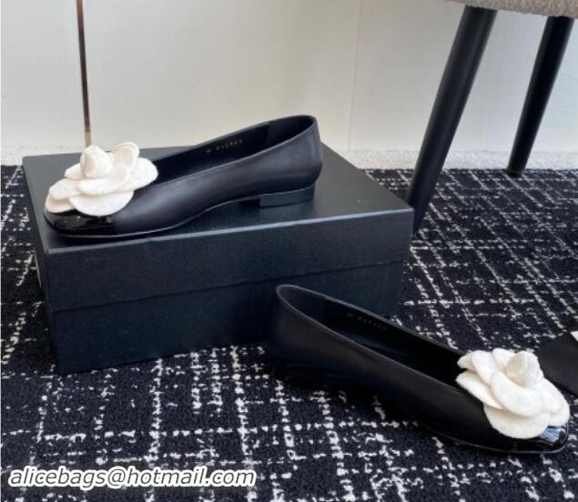 Top Design Chanel Calfskin & Patent Leather Ballet Flats with Camellia Bloom Black 1017093 