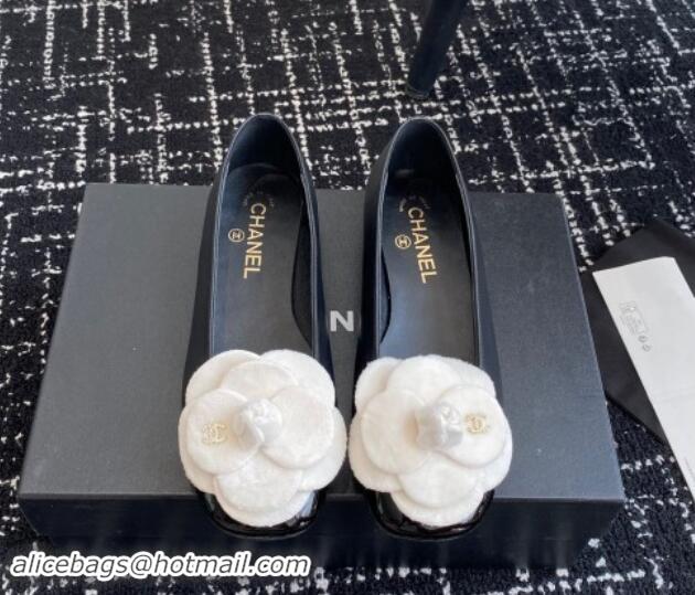 Top Design Chanel Calfskin & Patent Leather Ballet Flats with Camellia Bloom Black 1017093 