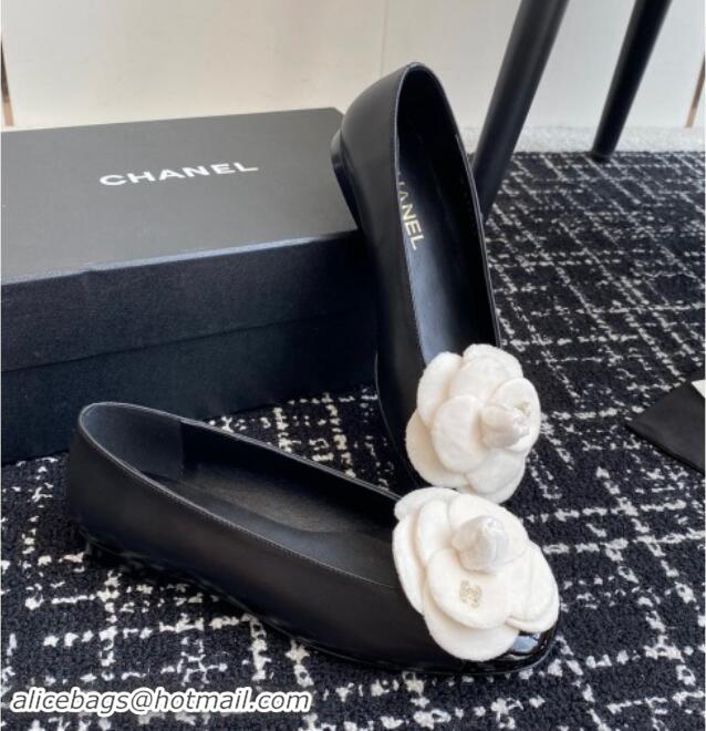 Top Design Chanel Calfskin & Patent Leather Ballet Flats with Camellia Bloom Black 1017093 