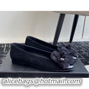 Best Grade Chanel Suede & Patent Calfskin Ballet Flats with Camellia Bloom Black 1017094