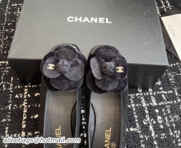 Best Grade Chanel Suede & Patent Calfskin Ballet Flats with Camellia Bloom Black 1017094