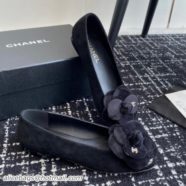 Best Grade Chanel Suede & Patent Calfskin Ballet Flats with Camellia Bloom Black 1017094