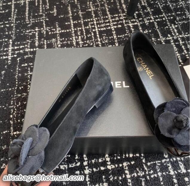 Best Grade Chanel Suede & Patent Calfskin Ballet Flats with Camellia Bloom Black 1017094