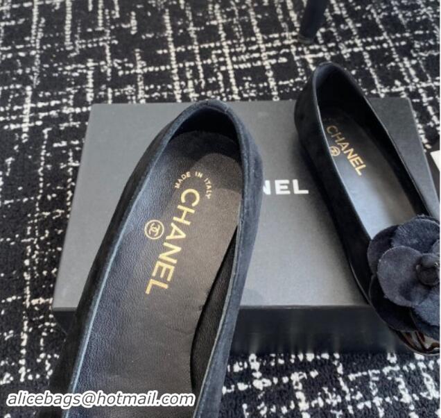 Best Grade Chanel Suede & Patent Calfskin Ballet Flats with Camellia Bloom Black 1017094