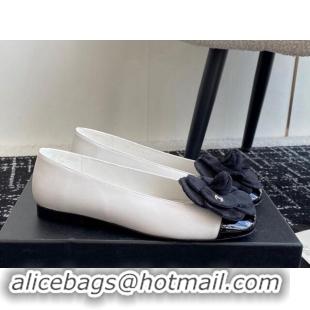 Unique Discount Chanel Calfskin & Patent Leather Ballet Flats with Camellia Bloom White 1017095