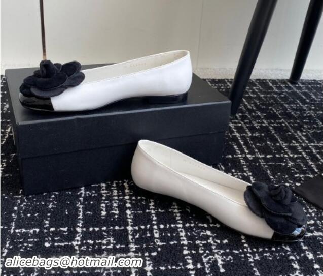 Unique Discount Chanel Calfskin & Patent Leather Ballet Flats with Camellia Bloom White 1017095