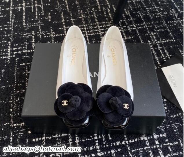 Unique Discount Chanel Calfskin & Patent Leather Ballet Flats with Camellia Bloom White 1017095