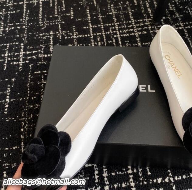 Unique Discount Chanel Calfskin & Patent Leather Ballet Flats with Camellia Bloom White 1017095