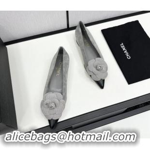 Grade Quality Chanel Suede & Calfskin Pointed Ballet Flats with Camellia Bloom Grey 1017096