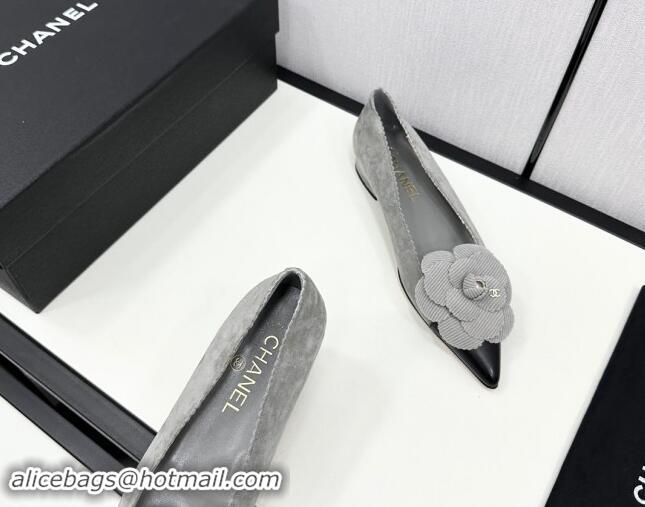 Grade Quality Chanel Suede & Calfskin Pointed Ballet Flats with Camellia Bloom Grey 1017096