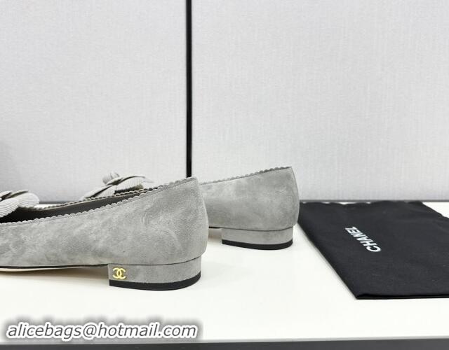 Grade Quality Chanel Suede & Calfskin Pointed Ballet Flats with Camellia Bloom Grey 1017096