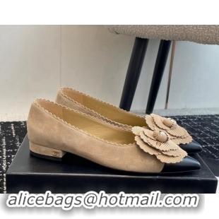 Low Price Chanel Suede & Calfskin Pointed Ballet Flats with Camellia Bloom Beige 1017097