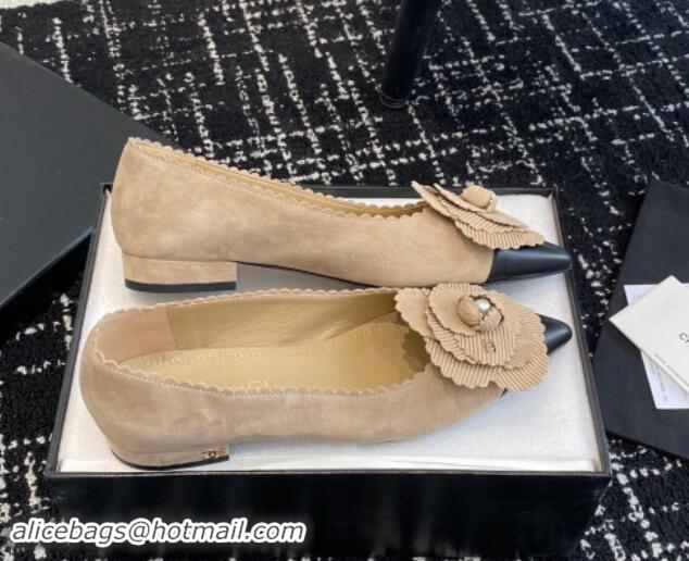 Low Price Chanel Suede & Calfskin Pointed Ballet Flats with Camellia Bloom Beige 1017097