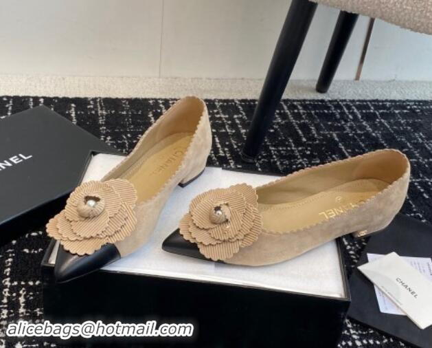 Low Price Chanel Suede & Calfskin Pointed Ballet Flats with Camellia Bloom Beige 1017097