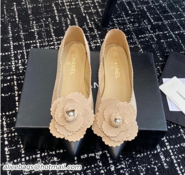 Low Price Chanel Suede & Calfskin Pointed Ballet Flats with Camellia Bloom Beige 1017097