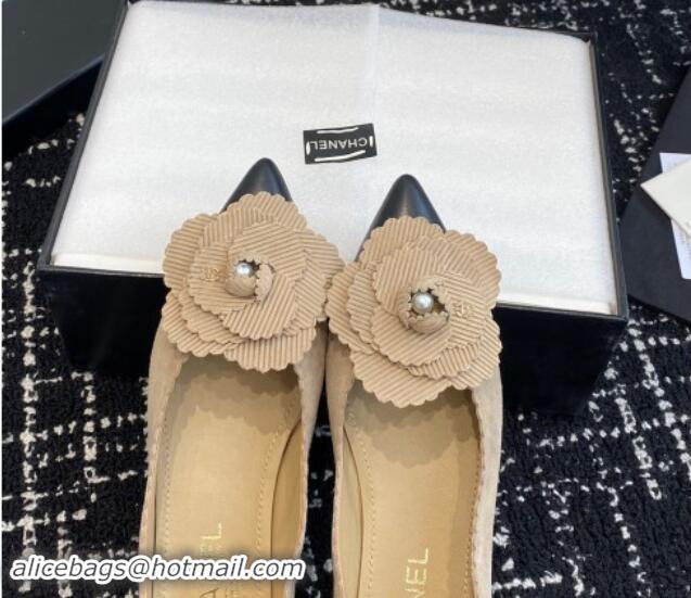 Low Price Chanel Suede & Calfskin Pointed Ballet Flats with Camellia Bloom Beige 1017097