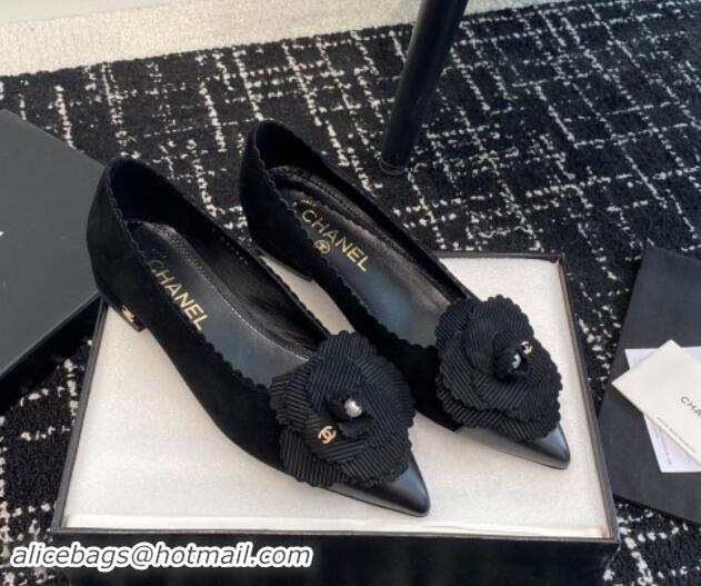 Luxury Cheap Chanel Suede & Calfskin Pointed Ballet Flats with Camellia Bloom Black 017098