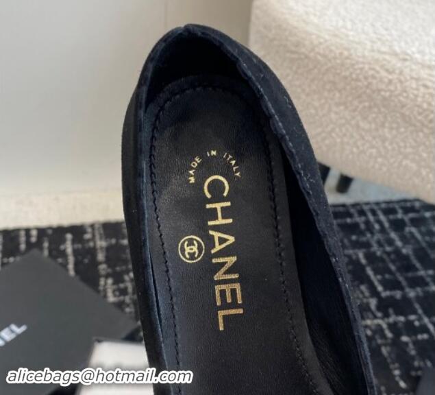 Luxury Cheap Chanel Suede & Calfskin Pointed Ballet Flats with Camellia Bloom Black 017098