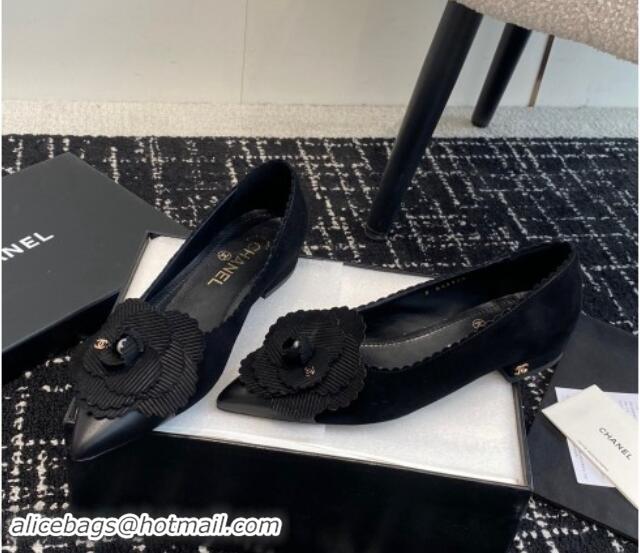 Luxury Cheap Chanel Suede & Calfskin Pointed Ballet Flats with Camellia Bloom Black 017098