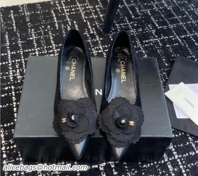 Luxury Cheap Chanel Suede & Calfskin Pointed Ballet Flats with Camellia Bloom Black 017098