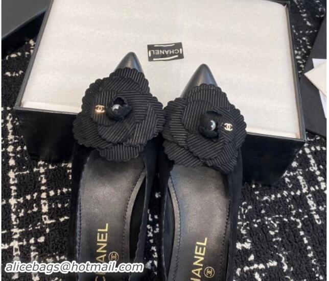 Luxury Cheap Chanel Suede & Calfskin Pointed Ballet Flats with Camellia Bloom Black 017098