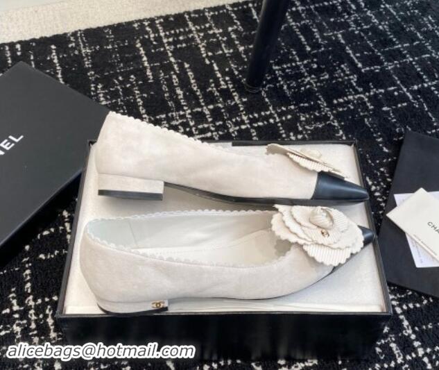 Luxury Chanel Suede & Calfskin Pointed Ballet Flats with Camellia Bloom White 1017099