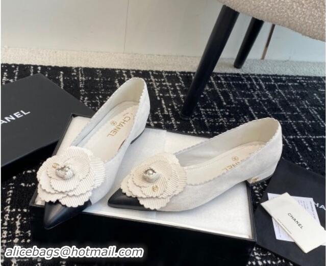 Luxury Chanel Suede & Calfskin Pointed Ballet Flats with Camellia Bloom White 1017099