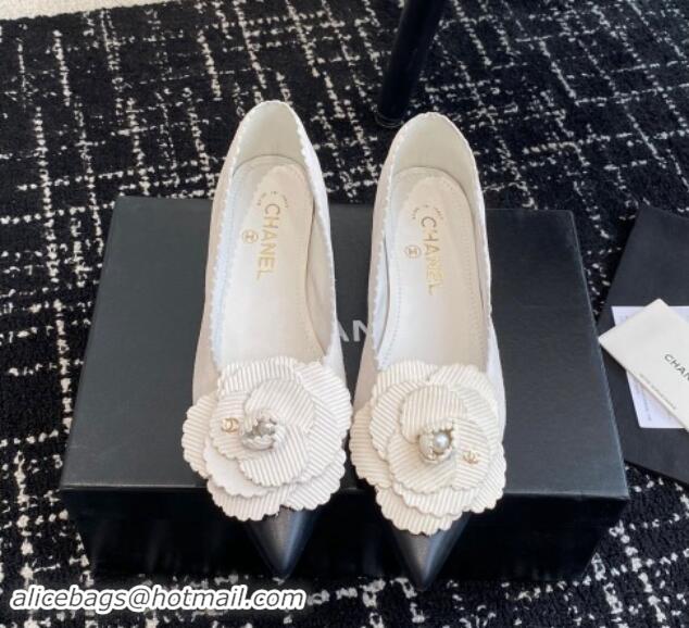 Luxury Chanel Suede & Calfskin Pointed Ballet Flats with Camellia Bloom White 1017099