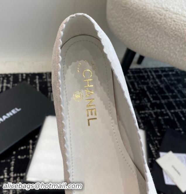 Luxury Chanel Suede & Calfskin Pointed Ballet Flats with Camellia Bloom White 1017099