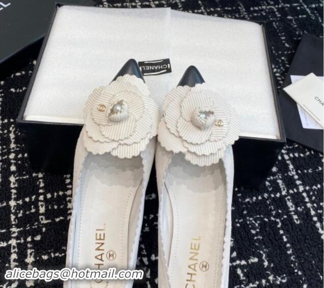 Luxury Chanel Suede & Calfskin Pointed Ballet Flats with Camellia Bloom White 1017099