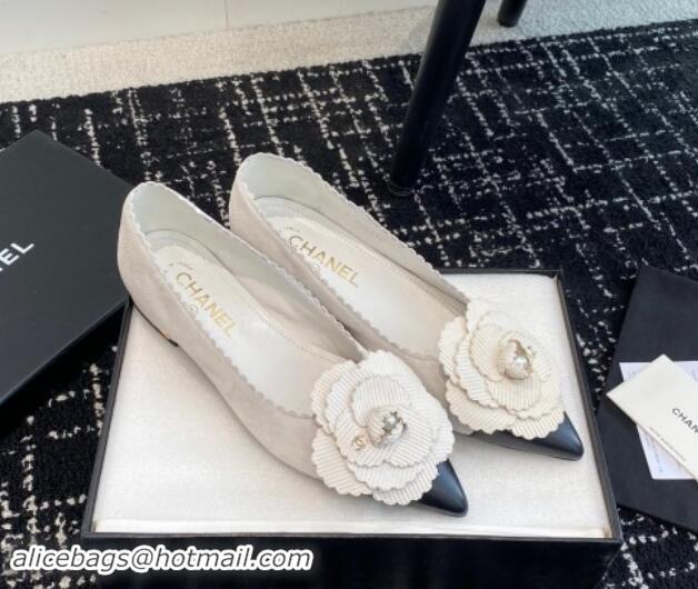 Luxury Chanel Suede & Calfskin Pointed Ballet Flats with Camellia Bloom White 1017099